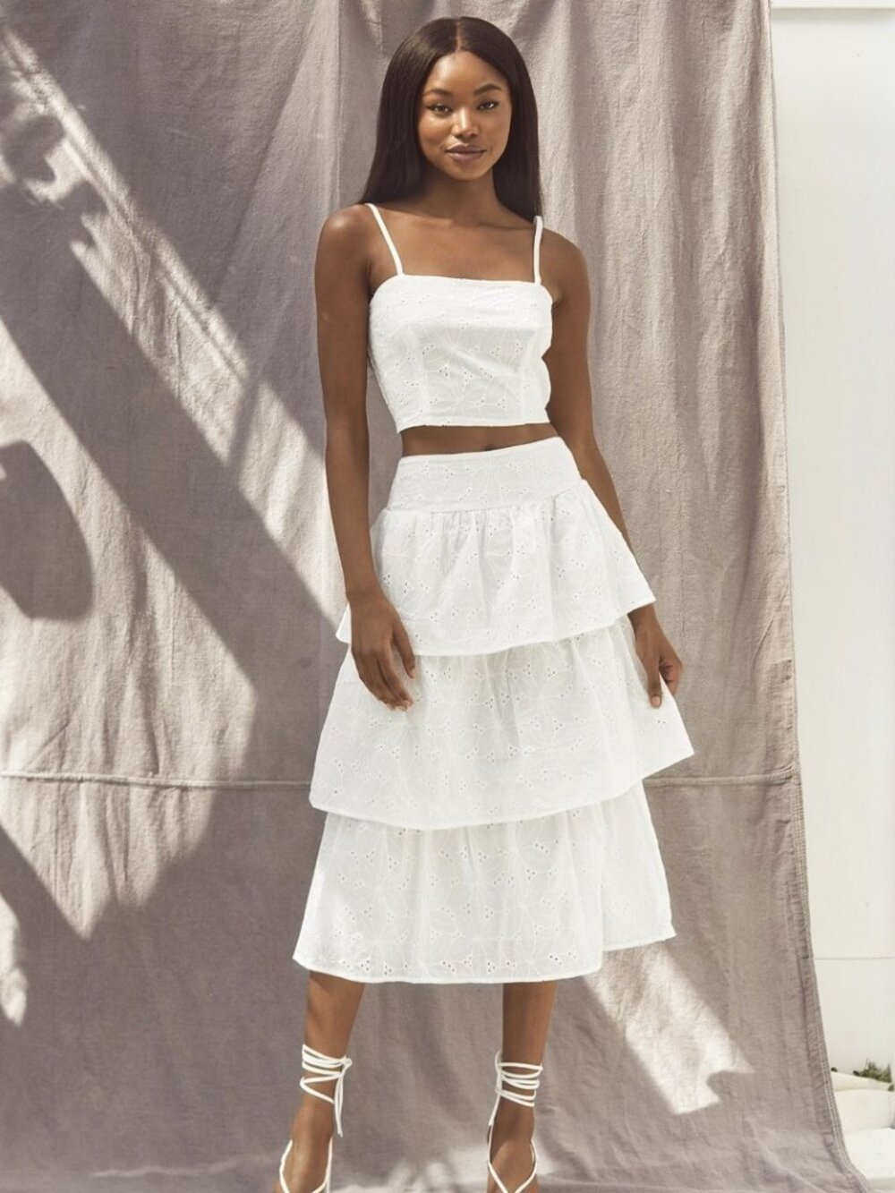 Lulus Romantic Summer White Eyelet Tiered Two-Piece Midi Dress​ NWT